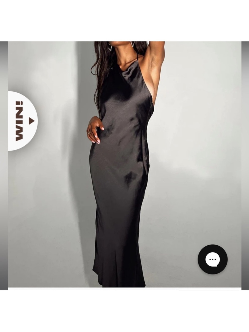 Princess black satin dress with halter front and low back